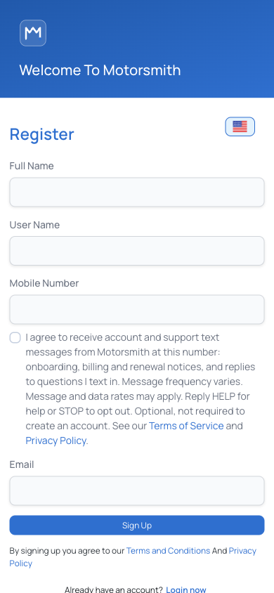 The Motorsmith Register form on a phone, with the text-message consent checkbox unticked under the mobile number field.