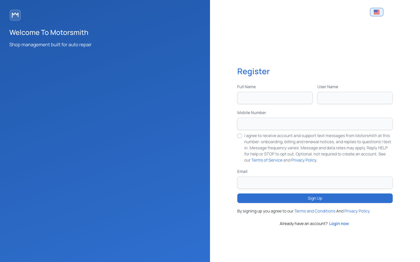 The Motorsmith Register form at https://app.usemotorsmith.com/sign-up. Under the mobile number field is the text-message consent checkbox, unticked, with its full label.