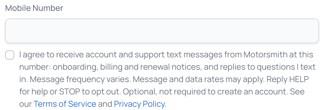 Close-up of the unticked text-message consent checkbox and its full label, with Terms of Service and Privacy Policy links.